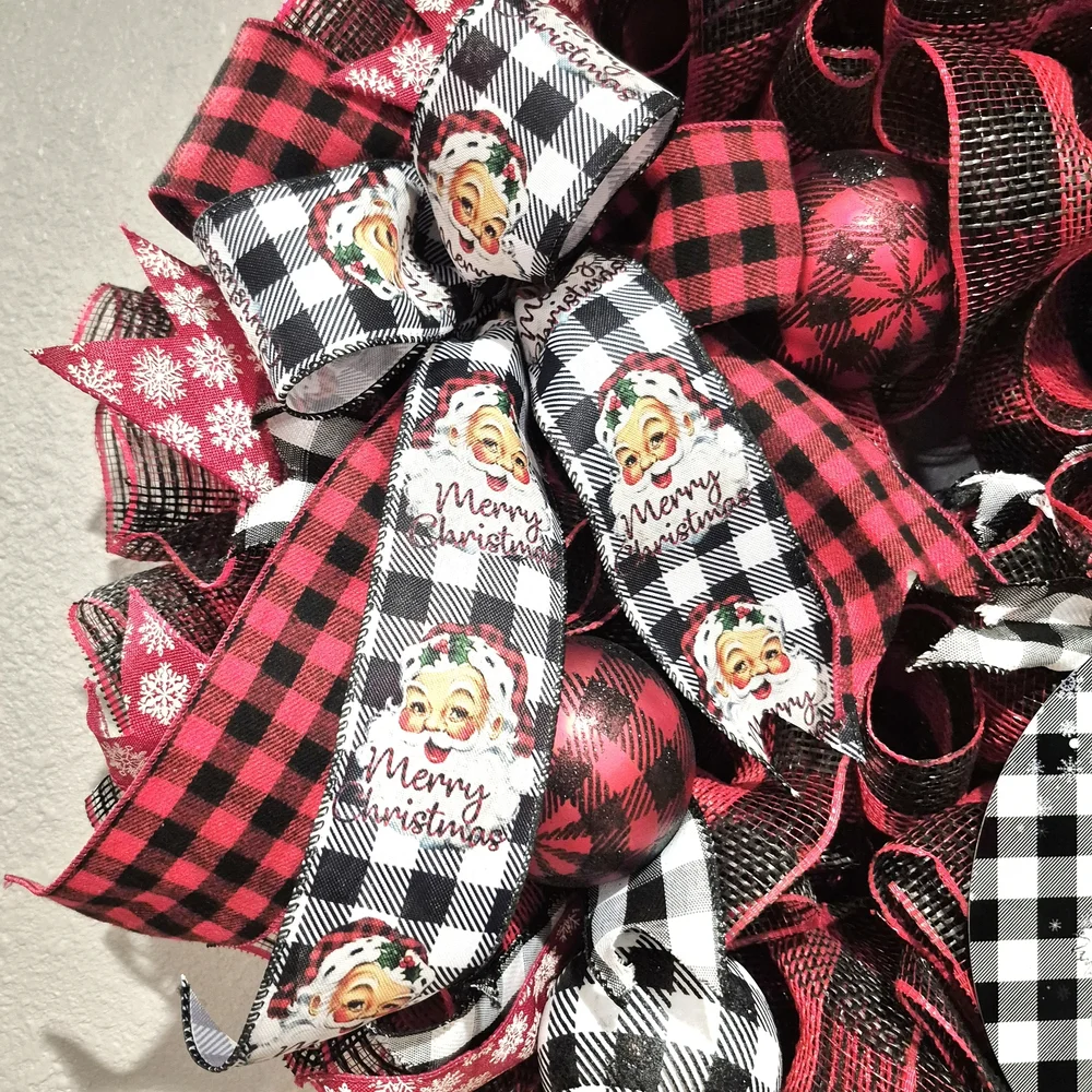 Festive Red and Black Santa Christmas Wreath Large Holiday Wreath Buffalo Check